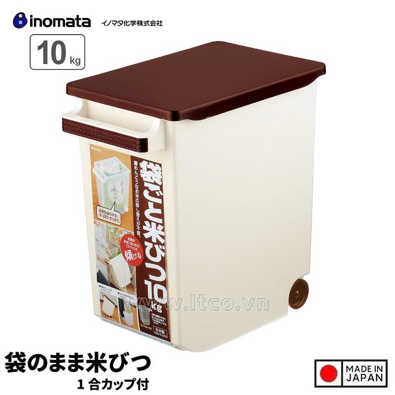 Thùng gạo có bánh xe, kèm cốc đong Inomata 10kg - Màu Be